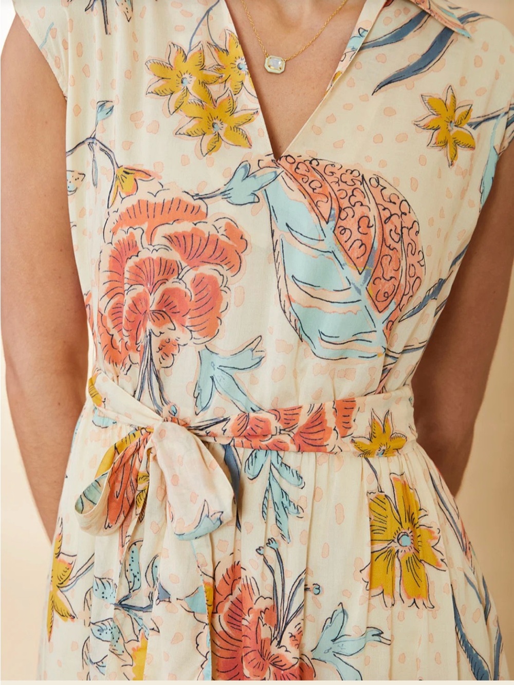 Spartina 449 Cream Floral Tie-Waist Midi Dress with Coral and Yellow Blooms